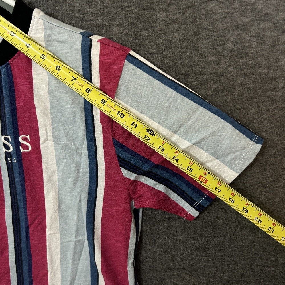 VTG 90 Guess Vertical Striped Embroidered Spellout Short Sleeve Shirt Size Small - Picture 14 of 14